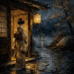 Amber & Indigo Rain Threshold Japanese Geisha Art Canvas Print