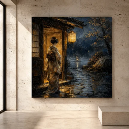 Amber and indigo cinematic Japanese Geisha Art print for elegant interiors. No text or watermarks in design.