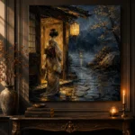 Amber & Indigo Rain Threshold Japanese Geisha Art Canvas Print - Image 2