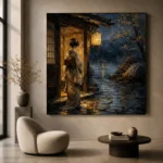Amber & Indigo Rain Threshold Japanese Geisha Art Canvas Print - Image 5
