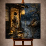 Amber & Indigo Rain Threshold Japanese Geisha Art Canvas Print - Image 10
