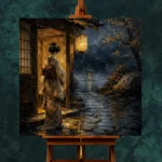Amber & Indigo Rain Threshold Japanese Geisha Art Canvas Print - Image 11