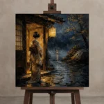 Amber & Indigo Rain Threshold Japanese Geisha Art Canvas Print displayed on a studio easel
