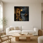 Amber & Indigo Rain Threshold Japanese Geisha Art Canvas Print styled in a refined neutral interior