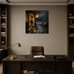 Amber & Indigo Rain Threshold Japanese Geisha Art Canvas Print displayed in a contemporary gallery-inspired room