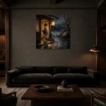 Amber & Indigo Rain Threshold Japanese Geisha Art Canvas Print shown in a warm modern interior