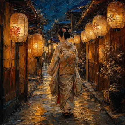Amber & Deep Blue Corridor Lantern Japanese Geisha Art Canvas Print