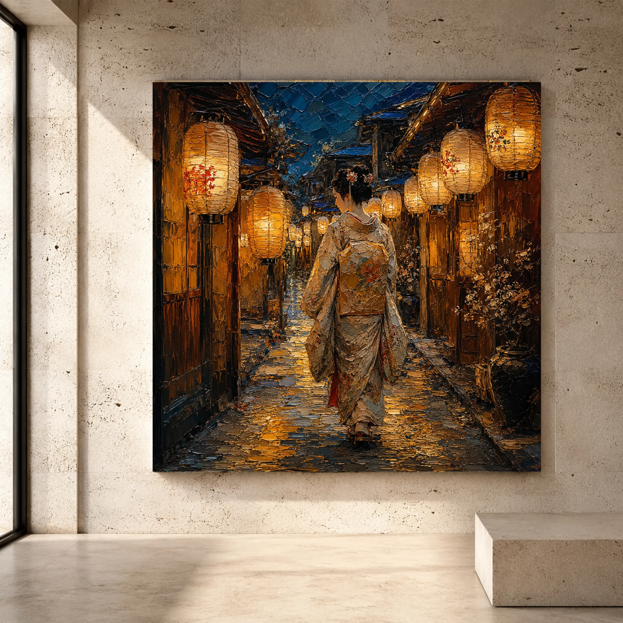 Premium Wall Art Kare Html Edition – GYSHA055 Image 1 Amber and deep blue graceful Japanese Geisha Art print for elegant interiors. No text or watermarks in design.