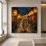 Amber & Deep Blue Corridor Lantern Japanese Geisha Art Canvas Print - Image 4