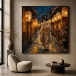 Amber & Deep Blue Corridor Lantern Japanese Geisha Art Canvas Print - Image 5