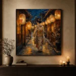 Amber & Deep Blue Corridor Lantern Japanese Geisha Art Canvas Print - Image 6
