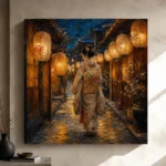 Amber & Deep Blue Corridor Lantern Japanese Geisha Art Canvas Print - Image 9