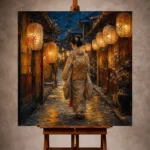 Amber & Deep Blue Corridor Lantern Japanese Geisha Art Canvas Print - Image 10