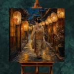 Amber & Deep Blue Corridor Lantern Japanese Geisha Art Canvas Print - Image 11
