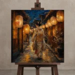 Amber & Deep Blue Corridor Lantern Japanese Geisha Art Canvas Print displayed on a studio easel