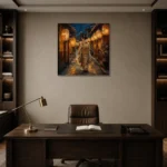 Amber & Deep Blue Corridor Lantern Japanese Geisha Art Canvas Print displayed in a contemporary gallery-inspired room