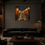 Amber & Deep Blue Corridor Lantern Japanese Geisha Art Canvas Print shown in a warm modern interior