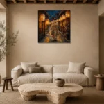 Amber & Deep Blue Corridor Lantern Japanese Geisha Art Canvas Print presented in a sophisticated home setting