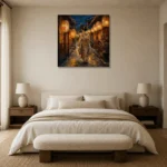 Amber & Deep Blue Corridor Lantern Japanese Geisha Art Canvas Print showcased in an elegant minimalist interior