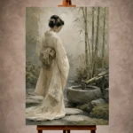 Ivory and sage meditative Zen Garden Geisha Art print for elegant interiors. No text or watermarks in design.