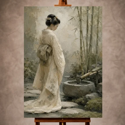 Ivory and sage meditative Zen Garden Geisha Art print for elegant interiors. No text or watermarks in design.