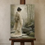 Ivory & Sage Zen Garden Geisha Art Canvas Print displayed on a studio easel