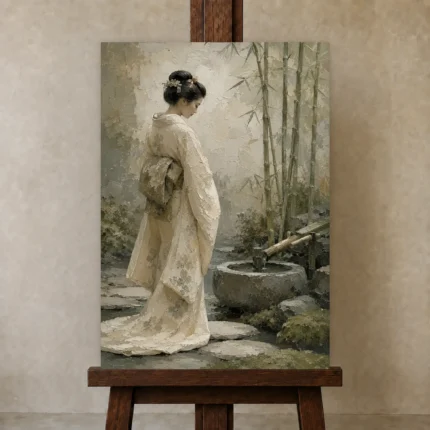 Ivory & Sage Zen Garden Geisha Art Canvas Print shown in Studio Easel