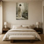 Ivory & Sage Zen Garden Geisha Art Canvas Print showcased in an elegant minimalist interior