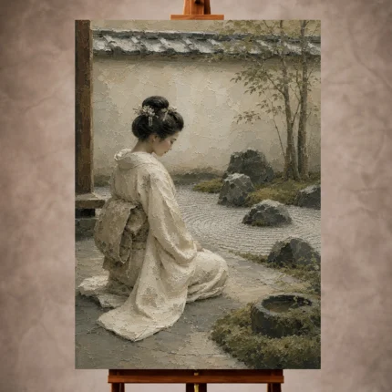 Sage and ivory contemplative Zen Garden Geisha Art print for elegant interiors. No text or watermarks in design.