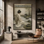 Sage & Ivory Kneeling Zen Garden Geisha Art Canvas Print - Image 3