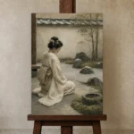 Sage & Ivory Kneeling Zen Garden Geisha Art Canvas Print displayed on a studio easel