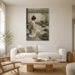 Sage & Ivory Kneeling Zen Garden Geisha Art Canvas Print styled in a refined neutral interior