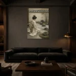 Sage & Ivory Kneeling Zen Garden Geisha Art Canvas Print shown in a warm modern interior
