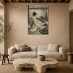 Sage & Ivory Kneeling Zen Garden Geisha Art Canvas Print presented in a sophisticated home setting