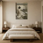 Sage & Ivory Kneeling Zen Garden Geisha Art Canvas Print showcased in an elegant minimalist interior