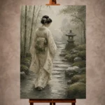 Sage and ivory poetic Zen Garden Geisha Art print for elegant interiors. No text or watermarks in design.
