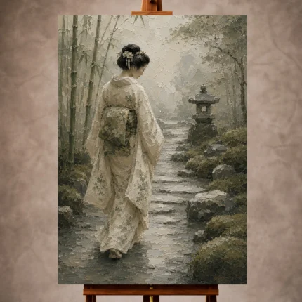 Sage and ivory poetic Zen Garden Geisha Art print for elegant interiors. No text or watermarks in design.