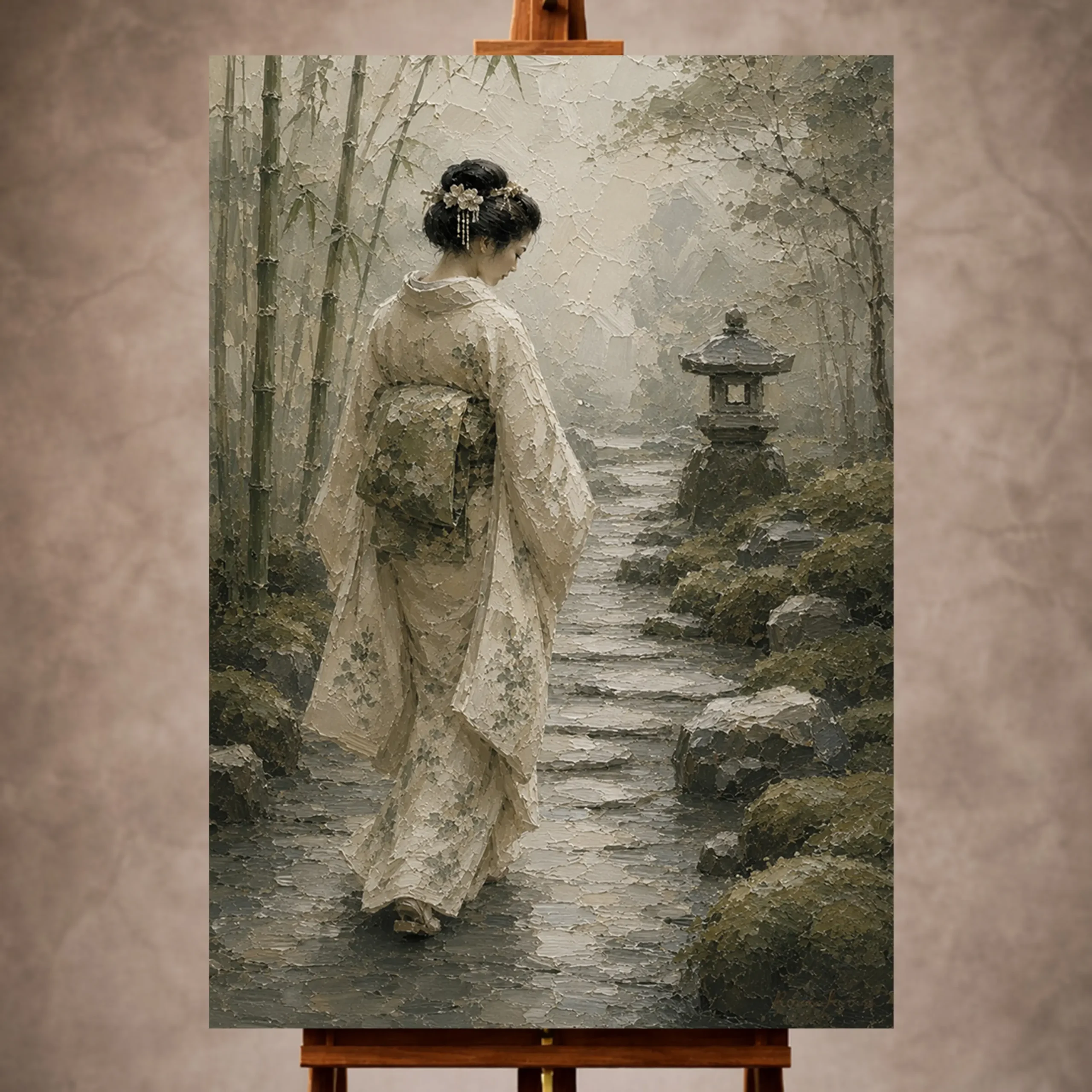 Premium Wall Art Dikey Html Edition – GYSHA058 Image 1 Sage and ivory poetic Zen Garden Geisha Art print for elegant interiors. No text or watermarks in design.