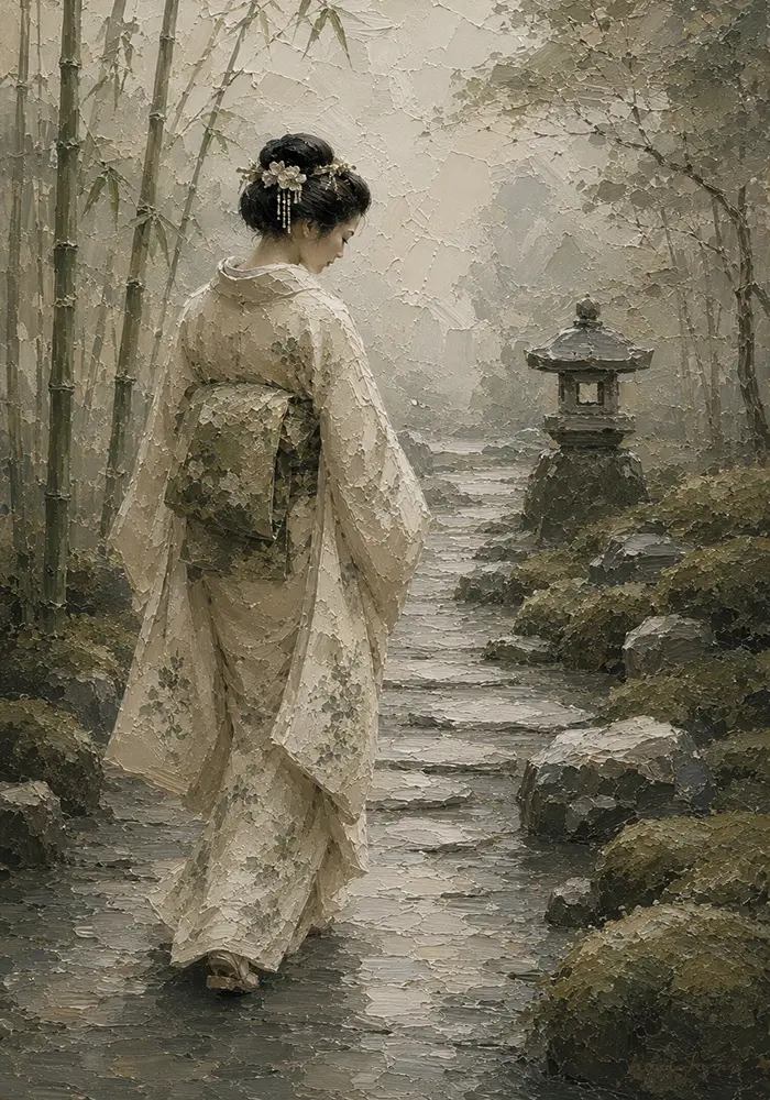 Sage & Ivory Misty Zen Garden Geisha Art Canvas Print
