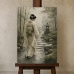 Sage & Ivory Misty Zen Garden Geisha Art Canvas Print displayed on a studio easel