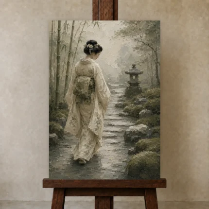 Sage & Ivory Misty Zen Garden Geisha Art Canvas Print shown in Studio Easel
