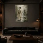 Sage & Ivory Misty Zen Garden Geisha Art Canvas Print shown in a warm modern interior