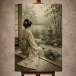 Sage and ivory serene Zen Garden Geisha Art print for elegant interiors. No text or watermarks in design.