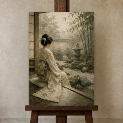 Sage & Ivory Tea House Zen Garden Geisha Art Canvas Print shown in Studio Easel