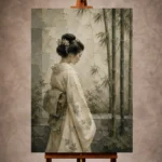 Ivory and sage spiritual Zen Garden Geisha Art print for elegant interiors. No text or watermarks in design.
