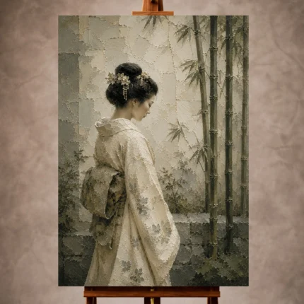 Ivory and sage spiritual Zen Garden Geisha Art print for elegant interiors. No text or watermarks in design.
