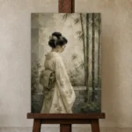 Ivory & Sage Profile Zen Garden Geisha Art Canvas Print displayed on a studio easel