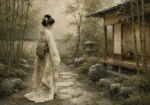 Sage & Ivory Panoramic Zen Garden Geisha Art Canvas Print
