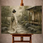 Sage and ivory serene Zen Garden Geisha Art print for elegant interiors. No text or watermarks in design.