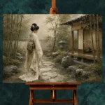 Sage & Ivory Panoramic Zen Garden Geisha Art Canvas Print - Image 2